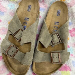 Birkenstock Arizona Suede softened Two-Strap Sandals in Taupe